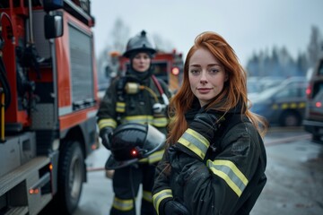 Wall Mural - A confident female firefighter in front of a fire truck, holding a helmet, ready for action