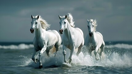 Wall Mural - majestic white arabian horses running through water elegant equine art