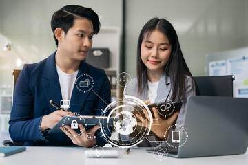 Person using smartphone, tablet with SDK icon on virtual screen. SDK Software development kit programming language technology concept in office.