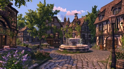 A cobblestone road leading to a quaint village square, with a central fountain, old stone buildings, and lively local activity.