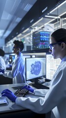 Poster - Biomedical Researchers Analyzing Data on Computer Screens in a Modern Laboratory Setting