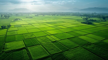 Aerial view of green rice fields in India, representing agricultural production and food safety. symbolizing ecofriendly practices for healthy crops.