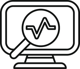 Poster - Line art icon of a magnifying glass scanning a computer screen with pulse graph, indicating data analysis