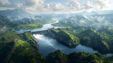 Poster - An aerial view of the Dam in hyperrealistic style, showcasing its massive structure and surrounding greenery. The dam is surrounded by lush forested hills.