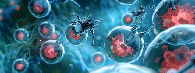 Poster - Nanotechnology Nanobots Exploring and Interacting Within a Cellular Environment in a 3D Rendered