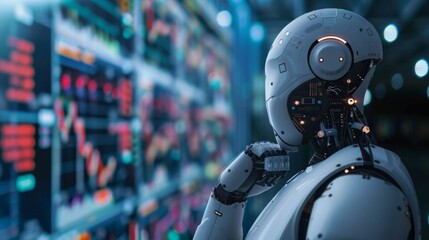 Poster - A robot stands in front of a wall filled with data, processing and analyzing information.