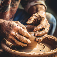 Wall Mural - A pair of hands shaping clay on a potters wheel.