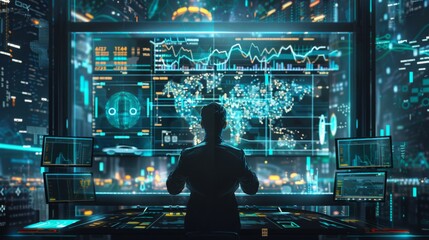 Poster - A man is standing in front of a computer screen, focusing on the digital content displayed.
