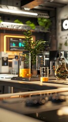 Poster - innovative biotech startup office with cutting edge gadgets and technology