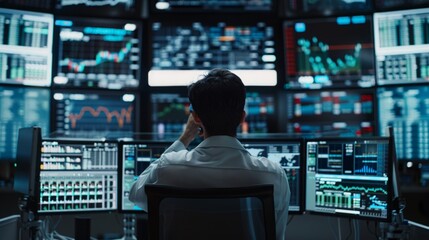 Poster - A man is seated in front of several computer monitors, focused on his work or task at hand.