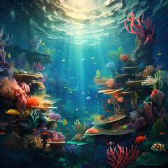 Wall Mural - A surreal underwater scene with vibrant coral reef