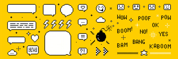 Poster - Set of pixel art elements. Pixel bomb. Speech bubbles set. Text boom, pow, bam, kaboom. Vintage design. Y2k trendy stickers. Mood of 90's aesthetics. 8-bit retro style vector illustration