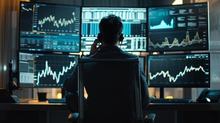 Poster - A man seated at a desk, concentrating on various monitors displaying data and information.