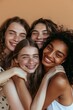 © aledesun - portrait illustration of a happy smiling group of multi cultural girl friends hugging each other, clean young faces, on beige background