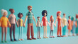© sommersby - A diverse group of children and adults stand in a line holding hands against a bright blue background, viewed from a side perspective