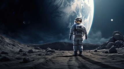 space exploration concept, man in spacesuit walking on the moon with spacecraft behind him