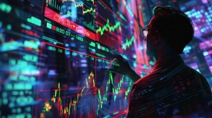 Poster - A man is carefully examining a digital display showing real-time stock market information.