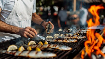 Wall Mural - Chef preparing grilled fish on a barbecue grill, showcasing the art of outdoor cooking and the aroma of smoky flavors