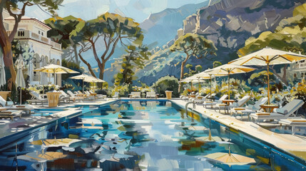 Wall Mural - A painting depicting a pool area with various chairs and umbrellas set up around the water, capturing a serene atmosphere