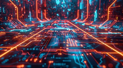 Poster - futuristic digital circuit board with glowing red and blue lights representing advanced technology a