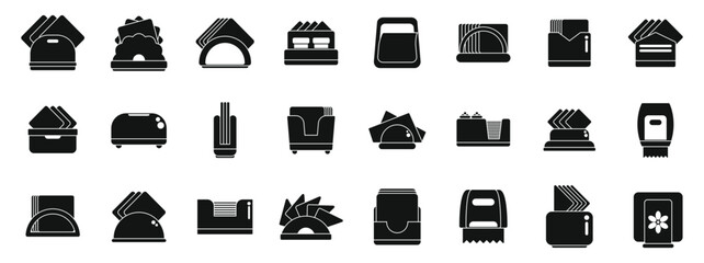 Poster - Napkin holder icons set vector. A collection of black and white icons for office supplies. The icons include items such as a paper tray, a paper cutter, a stapler, and a tray. Scene is professional