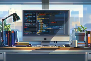 a detailed 4k depiction of a computer monitor showing a complex programming language script, featuri