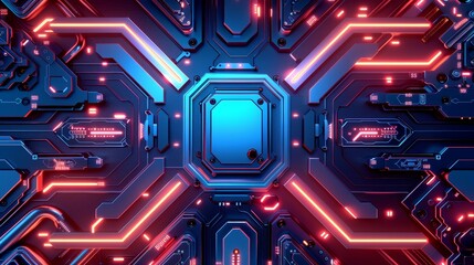 Wall Mural - Futuristic glowing circuit board with red and blue lights, creating a high-tech, sci-fi atmosphere. Ideal for tech, AI, and innovation themes.