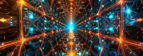 Poster - Futuristic neon glowing geometric tunnel with abstract light patterns in blue and orange, creating a mesmerizing sci-fi backdrop.