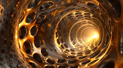 Aufkleber - Abstract golden tunnel with metallic patterns and glowing light. Futuristic and surreal design. Perfect for conceptual and technological themes. AI