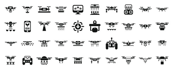 Poster - Drones in agriculture icons set vector. A collection of various types of drones and other flying machines. Some of the drones are small and others are large