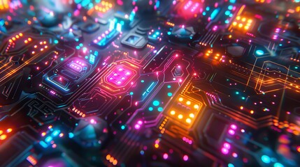 Poster - Vibrant Close-up of a Colorful Computer Circuit Board with Neon Lights, Showcasing Modern Technology and Futuristic Design.