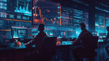 Poster - Workers at a desk, focused, looking at multiple computer screens.
