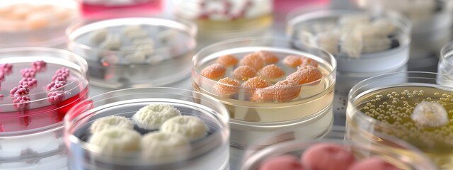 Poster - Petri Dish Cultures Showcasing Various Bacterial or Cell Growth in a Scientific Laboratory Setting