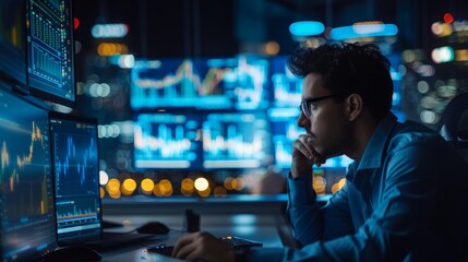 Poster - A man sitting at a desk with a computer, engaged in work or study.
