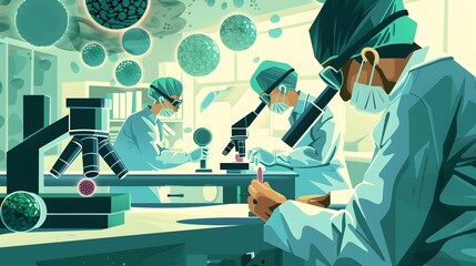 Poster - Stem Cell Research Scientists Examining Cells Under Microscope in Laboratory