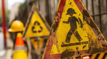 Design a visual representation of construction site safety signage and symbols. Include examples of warning signs, hazard labels, and safety protocols.