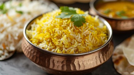 Close-up of aromatic basmati rice with saffron, served with flavorful Indian curry and crispy papadum, a quintessential Indian meal