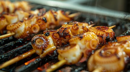 Wall Mural - Close-up of flame-grilled squid skewers, with crispy caramelized edges and tender flesh, highlighting the irresistible texture and taste of grilled squid
