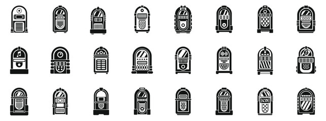 Poster - jukebox icons set vector. a collection of vintage jukeboxes in black and white. the jukeboxes are al