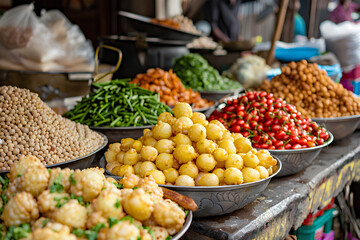 vibrant colors and textures of freshly made Pani Puri ingredients in a traditional market