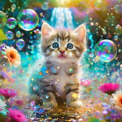 Wall Mural - AI generated illustration of Soap bubbles and cats