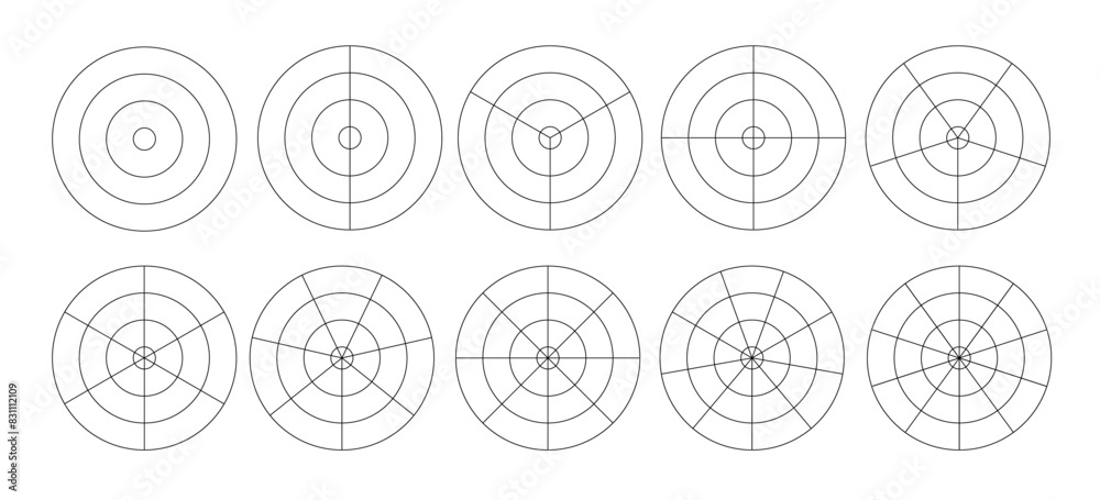 Polar grid concentric circles and steps. Blank vector polar graph paper. Radar circular graph screen. Grid with concentric circles diagram. Vector