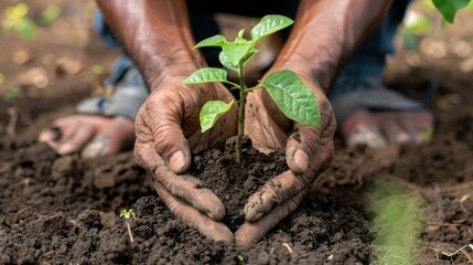 Poster - Close-up of hands holding a young tree sapling, ready to be planted in the soil, representing individual contributions to combating global warming