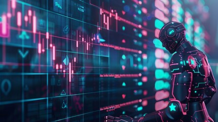 Poster - A robot stands in front of a wall of data, analyzing and processing information.
