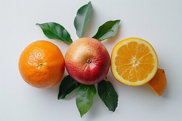 Canvas Print - Three oranges and an apple on a white surface