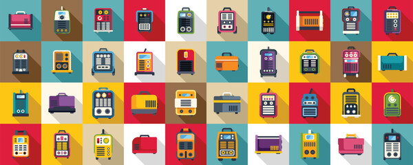 Sticker - Welding machine icons set vector. A collection of various types of luggage, including backpacks, suitcases, and handbags. The image is a colorful and vibrant display of different shapes and sizes