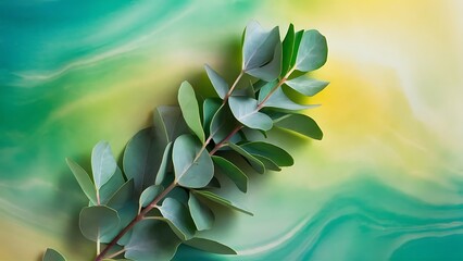 Wall Mural - Eucalyptus branch with fresh leaves on color background top view