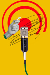 Poster - Vertical collage picture 3d hand body fragment microphone singer headphones device gadget drawing doodles target center dot