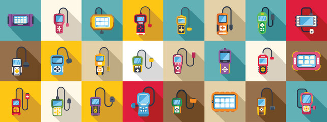 Poster - Car diagnostic scanner icons set vector. A collection of electronic devices, including a cell phone, a tablet, and a laptop. The devices are all different colors and sizes, and they are arranged in a