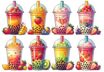 Wall Mural - Fruity smoothie 8 menu design 3D, fruits, toppings, and boba pearls. From classic mango and strawberry to refreshing kiwi and grape, these beverages are perfect for any occasion. 